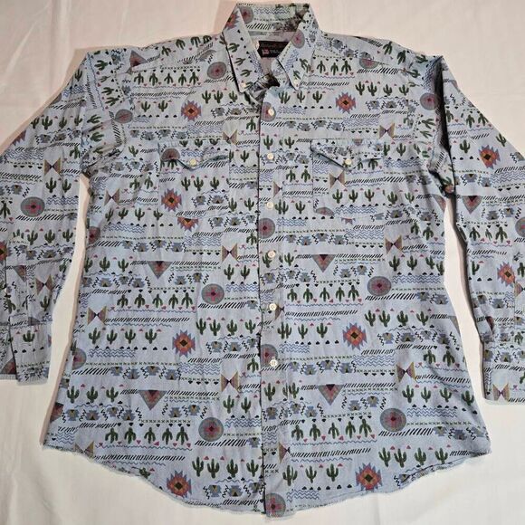 PANHANDLE SLIM MENS LARGE 16.5 BLUE SOUTHWEST CACTUS PRINT SHIRT LS VINTAGE - Picture 1 of 5